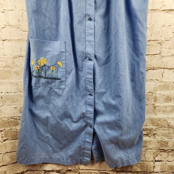 Vintage Vanity Fair House Dress Robe Blue Snap Button Medium Embroidered Pockets - Picture 3 of 10